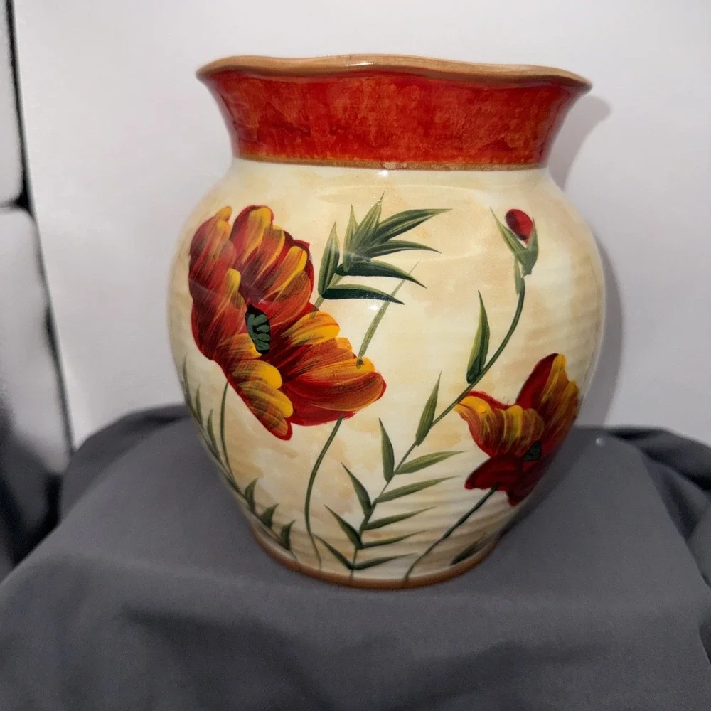 Vase by Pier 1  Poppies Utensil Holder / Vase Hand-Painted Earthenware 7